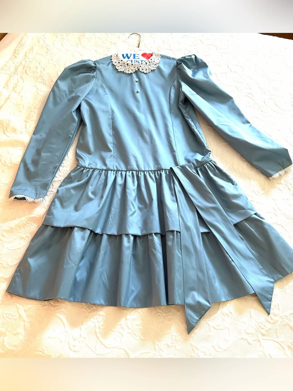 Vintage Christian Dior Blue Tiered Dress Lace Collar Girls Sz 12 1980’s
